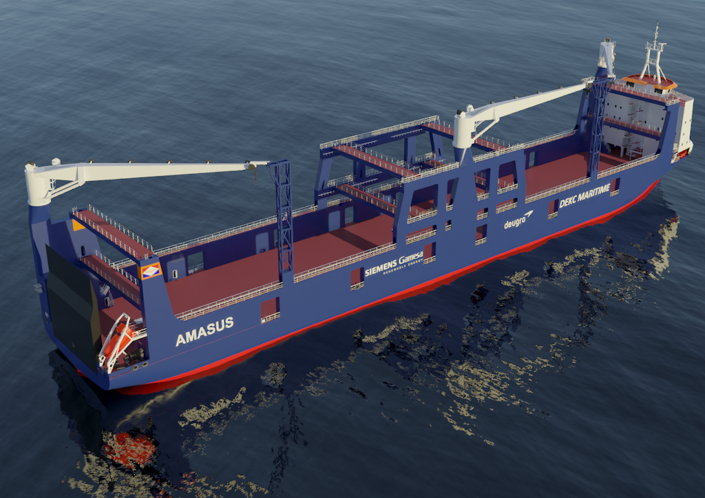 The vessels will be fitted with a stern RORO ramp 3 Liebherr cranes and a gantry system
