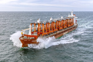 eco efficient kalmar hybrid straddle carriers enroute to gioia tauro port in italy