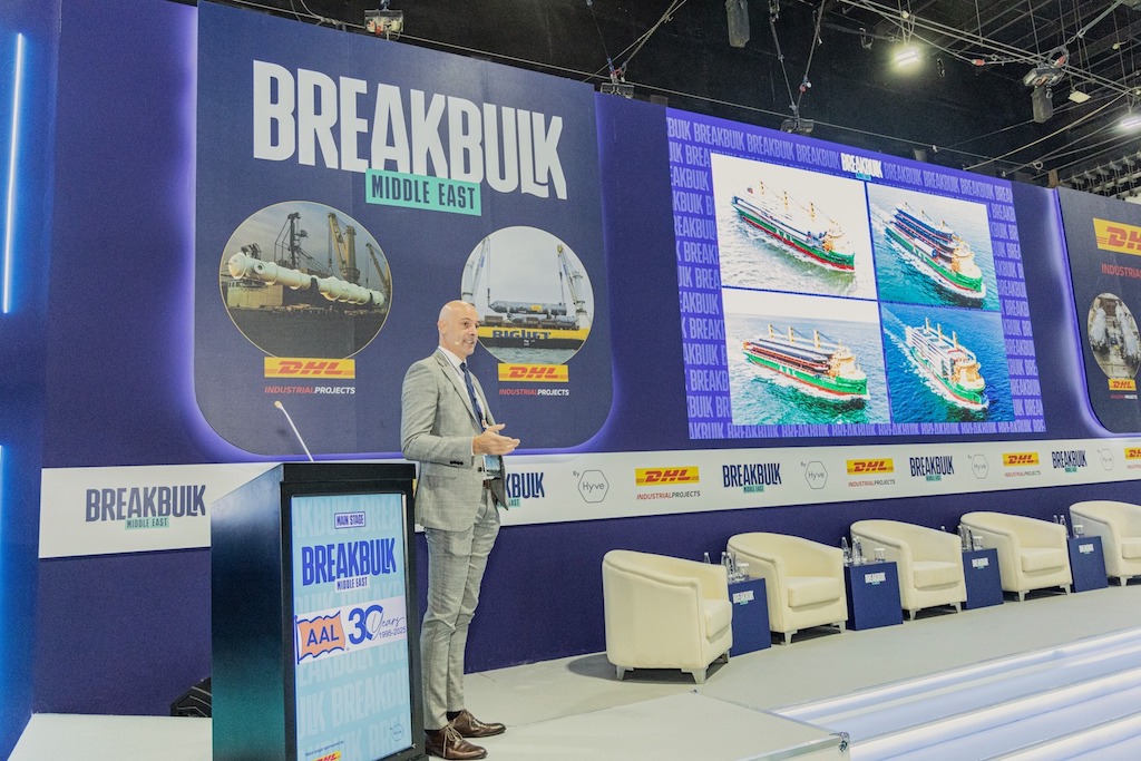 AAL Shippings Managing Director Christophe Grammare speaking at Breakbulk Middle East